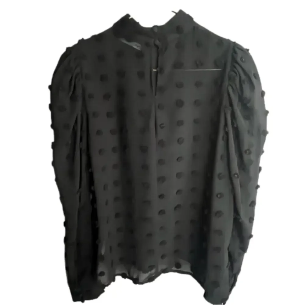 ZARA Semi Sheer Pompom Polka Dot Long Sleeve Puff Shoulder Blouse Black Size XS - Picture 4 of 8